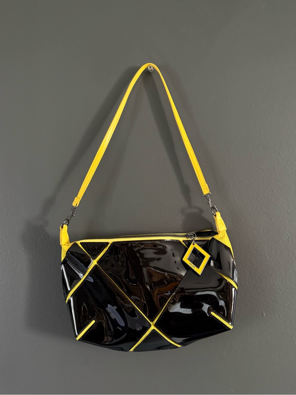 Vintage Y2K Folli Follie Black Patent Shoulder Bag with Yellow Trim